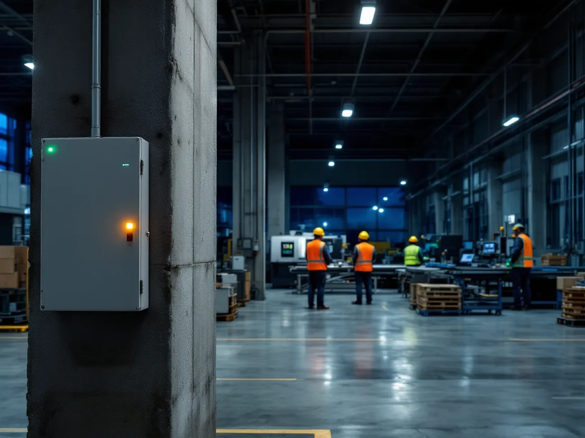 Second shift operators working on a quiet plant floor at night beside a wall-mounted network cabinet