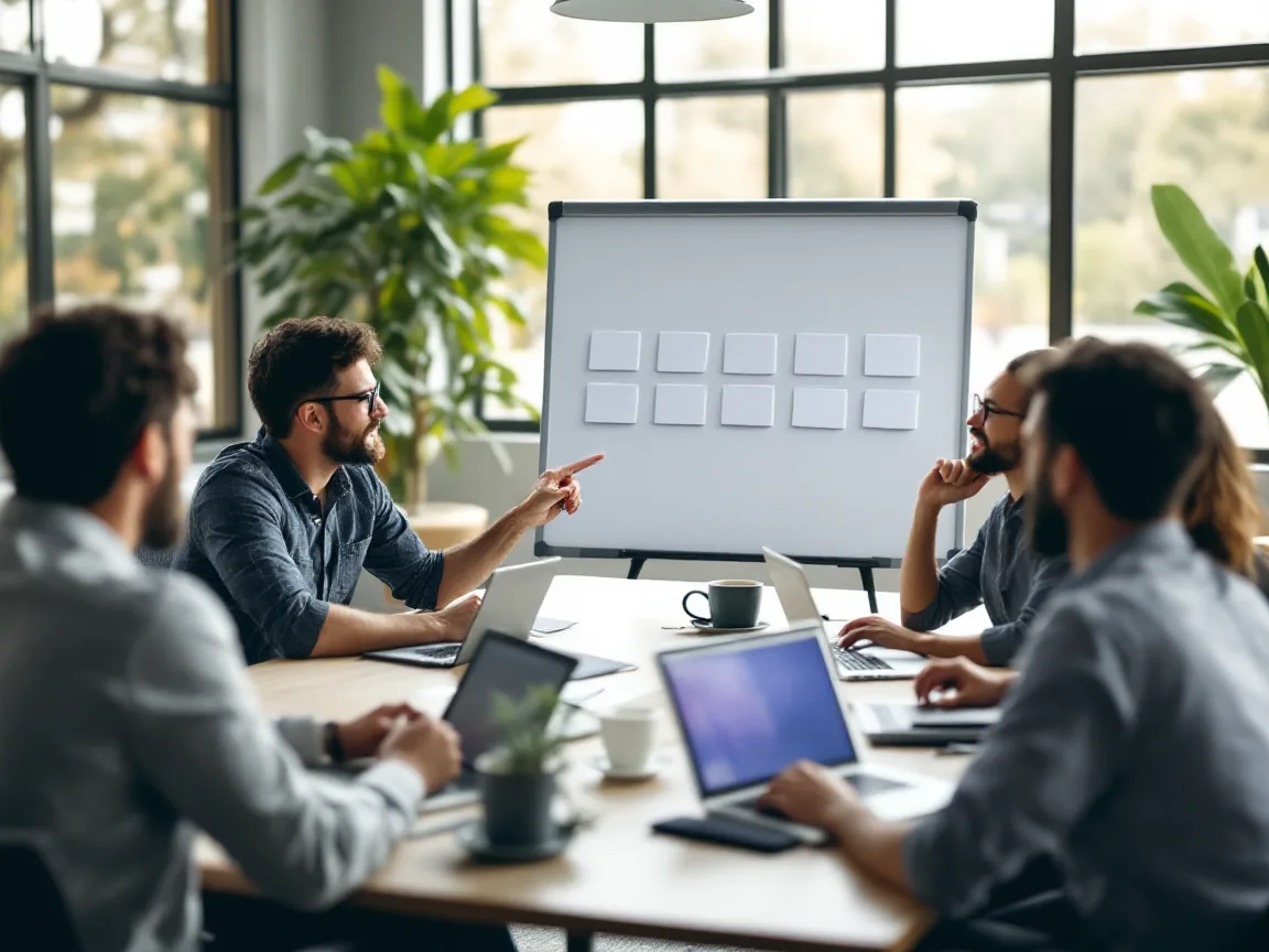 Team around a conference table running a tabletop incident exercise with blank cards lined up on a whiteboard