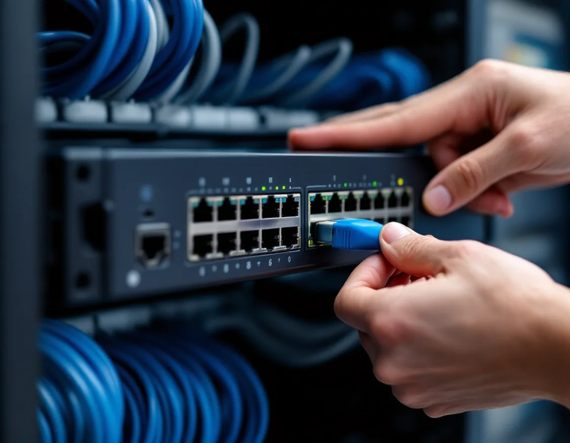 Close view of a technician seating a blue patch cable into a rack-mounted office network switch, with bundled blue and gray cables above and below
