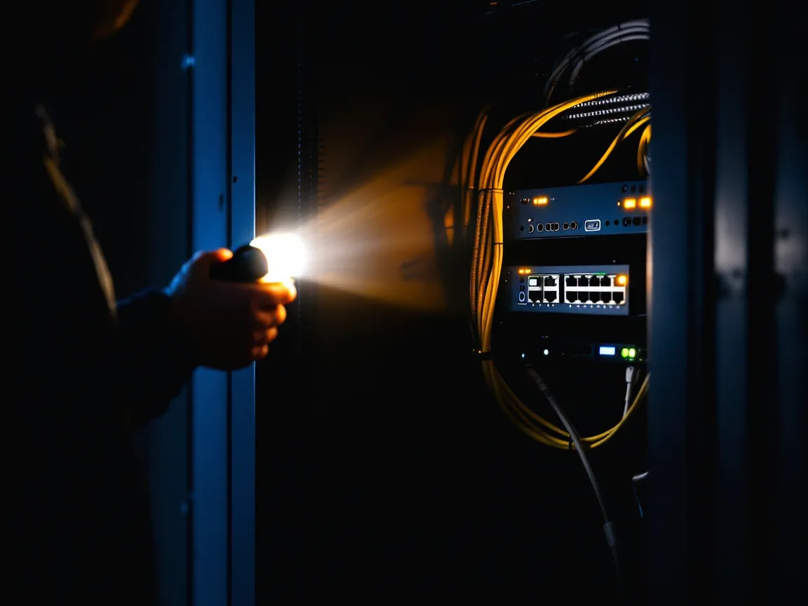 Technician holding a flashlight on a network rack and switches in a dark office server closet during a power outage