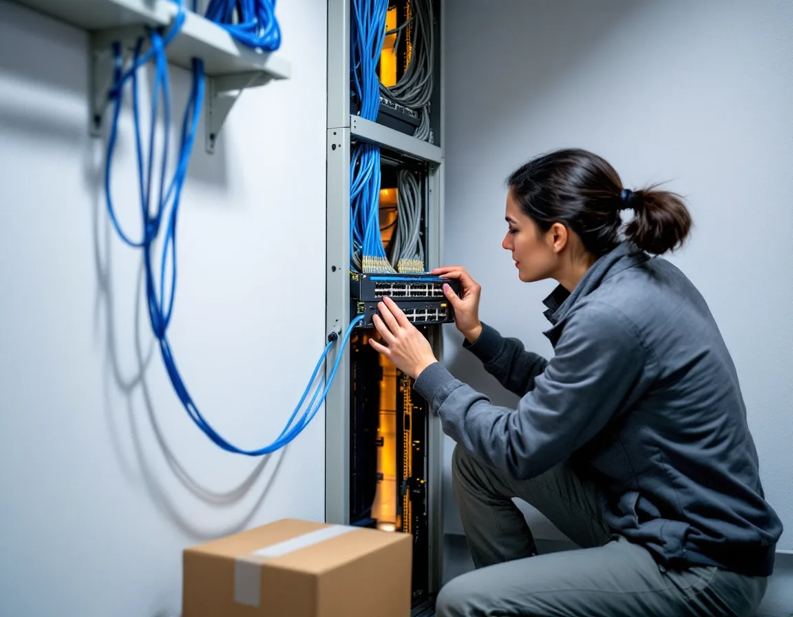 IT technician kneeling at a small office network rack and sliding a replacement switch into place, with blue and gray patch cables and the shipping box beside her