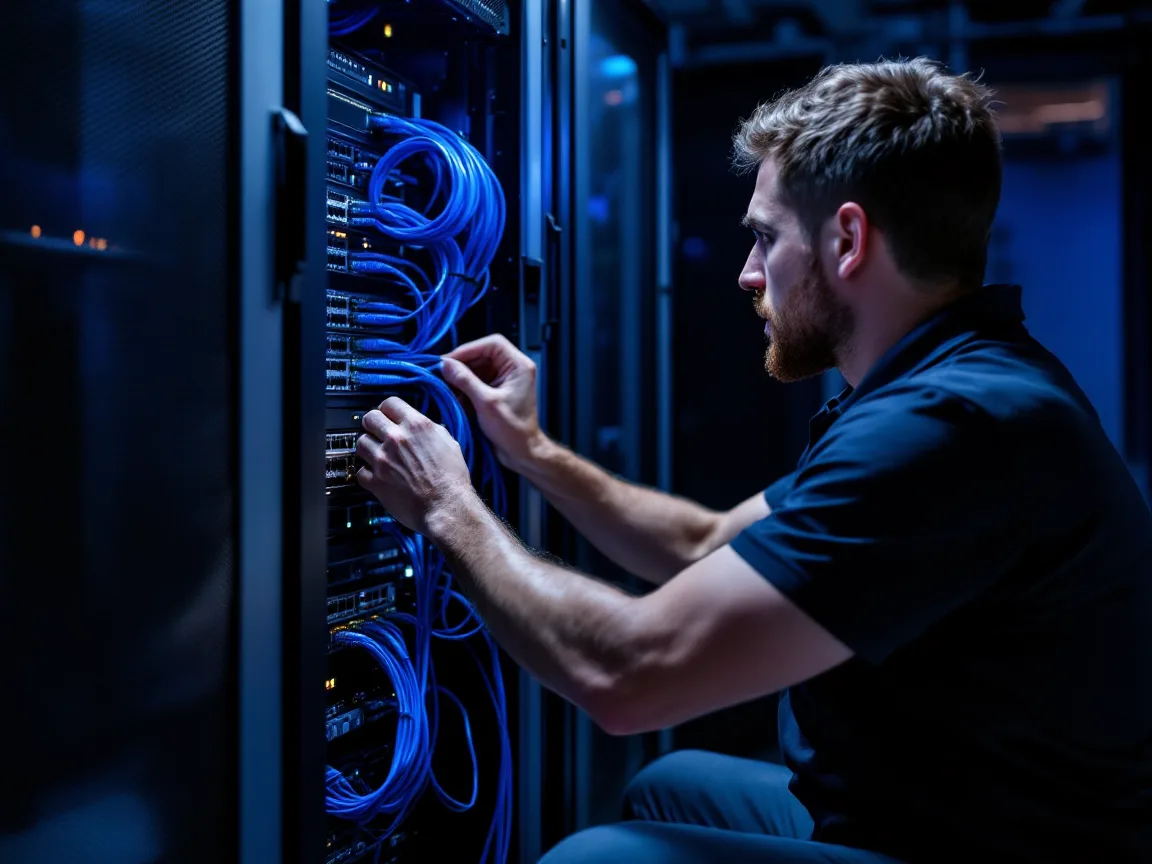 Network technician unplugging an ethernet cable from a rack switch in a server closet to isolate systems
