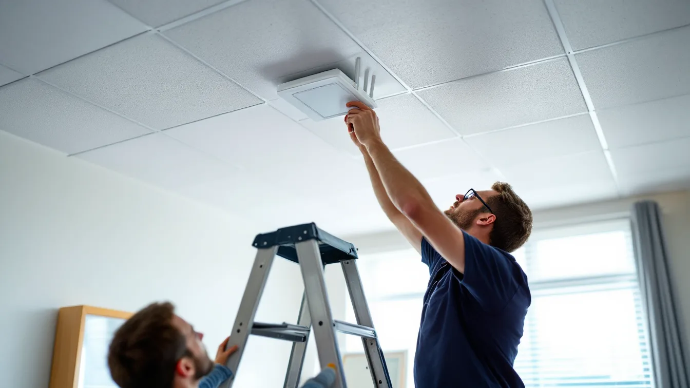 IT technician in a navy polo on a step ladder fixing a white wireless access point to a drop ceiling while a coworker steadies the ladder, the kind of Wi-Fi project many Cloudavize reviews describe