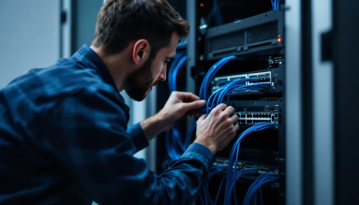 Network technician working on a switch and blue patch cables inside an office network rack, the kind of failure that needs someone onsite