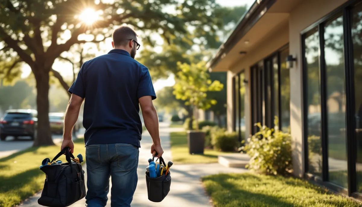 IT technician in a navy polo carrying two tool bags along a sunlit sidewalk toward the glass front of a small San Antonio professional office