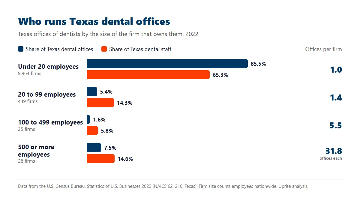 Bar chart of Texas dental offices and staff by firm size in 2022, showing 28 firms with 500 or more employees running 891 offices