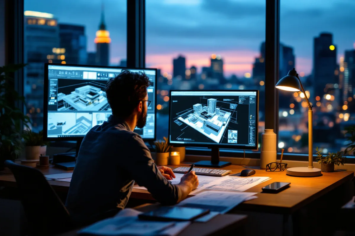 Architect working late on a 3D building model across two monitors in a Houston design studio
