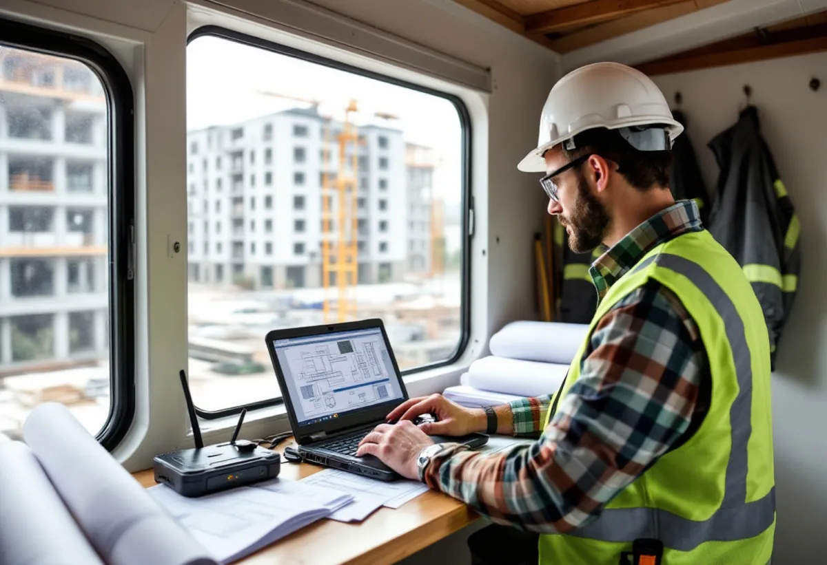 Field engineer opening drawings on a laptop next to a cellular router inside a construction job trailer