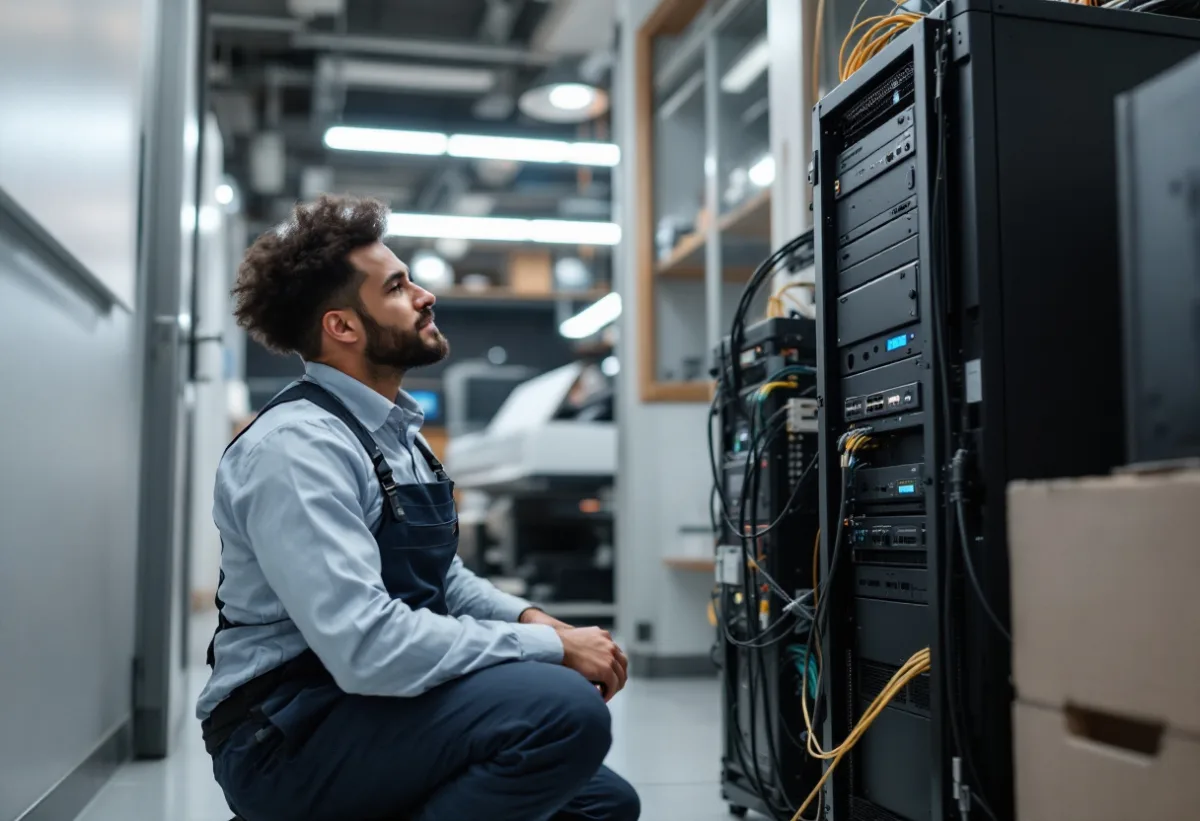IT technician checking a server rack and network storage in an engineering office equipment room with a plotter nearby