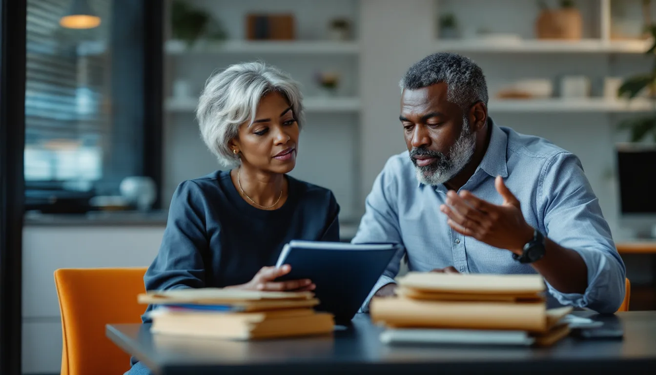 Operations manager and a security consultant reviewing a compliance binder and folders before a cyber insurance renewal