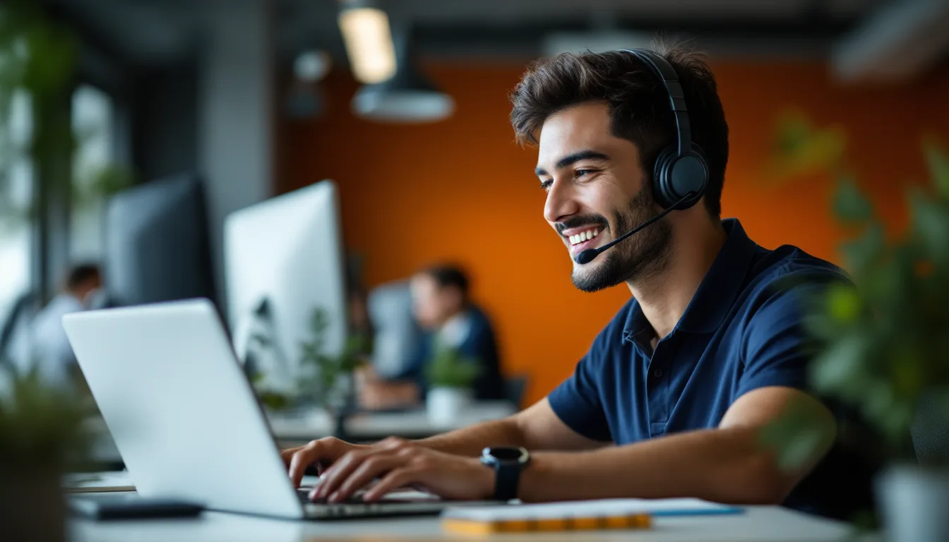 Help desk technician in a navy polo and headset smiling during a support call at a Houston office desk