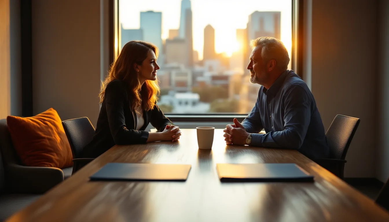 Two Houston business owners talking across a conference table with two closed proposal folders and the skyline behind them
